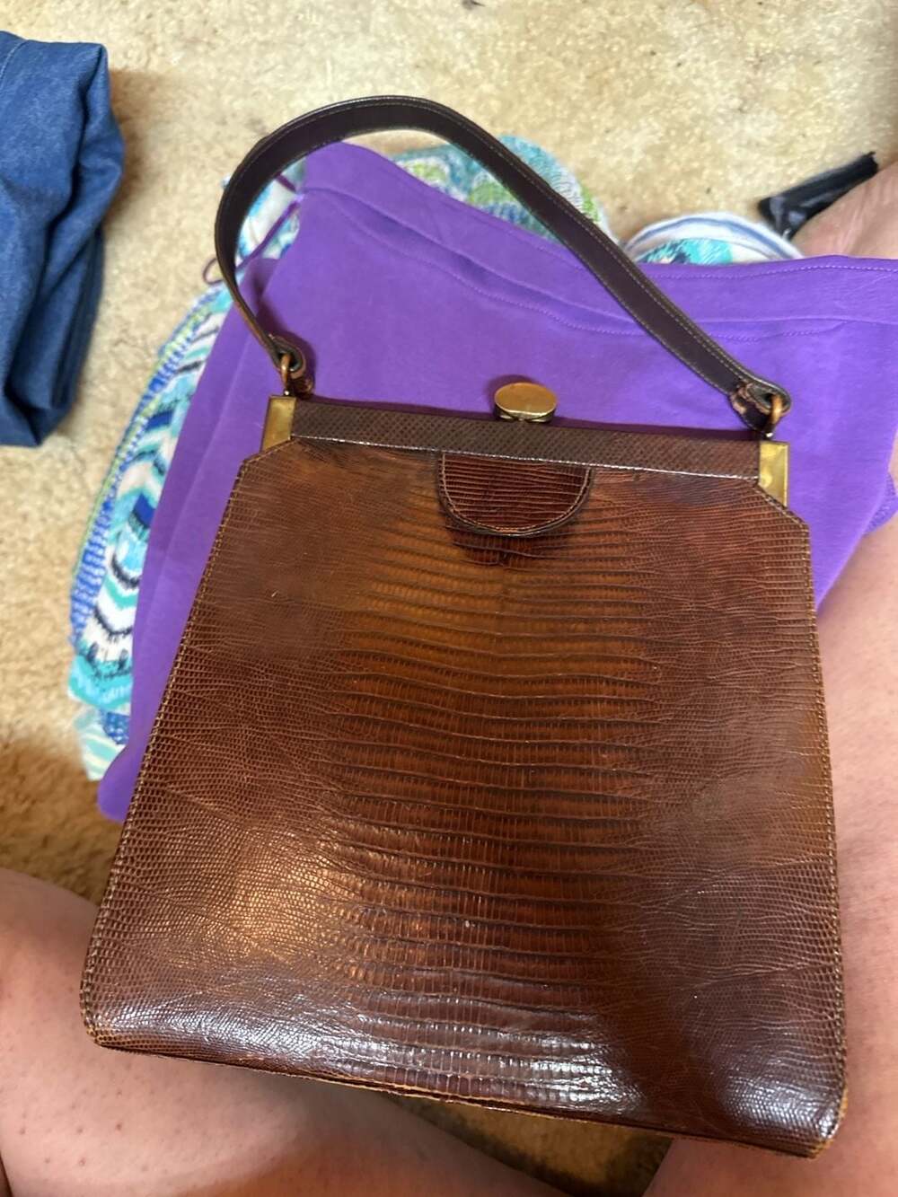 Vintage Brown Reptile Embossed Frame Handbag Top Handle Purse